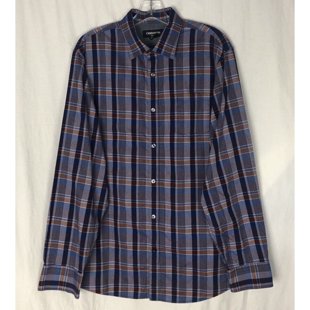 Claiborne Stretch Button Up Shirt Mens Size L Blue Red Plaid Long Sleeve Cotton